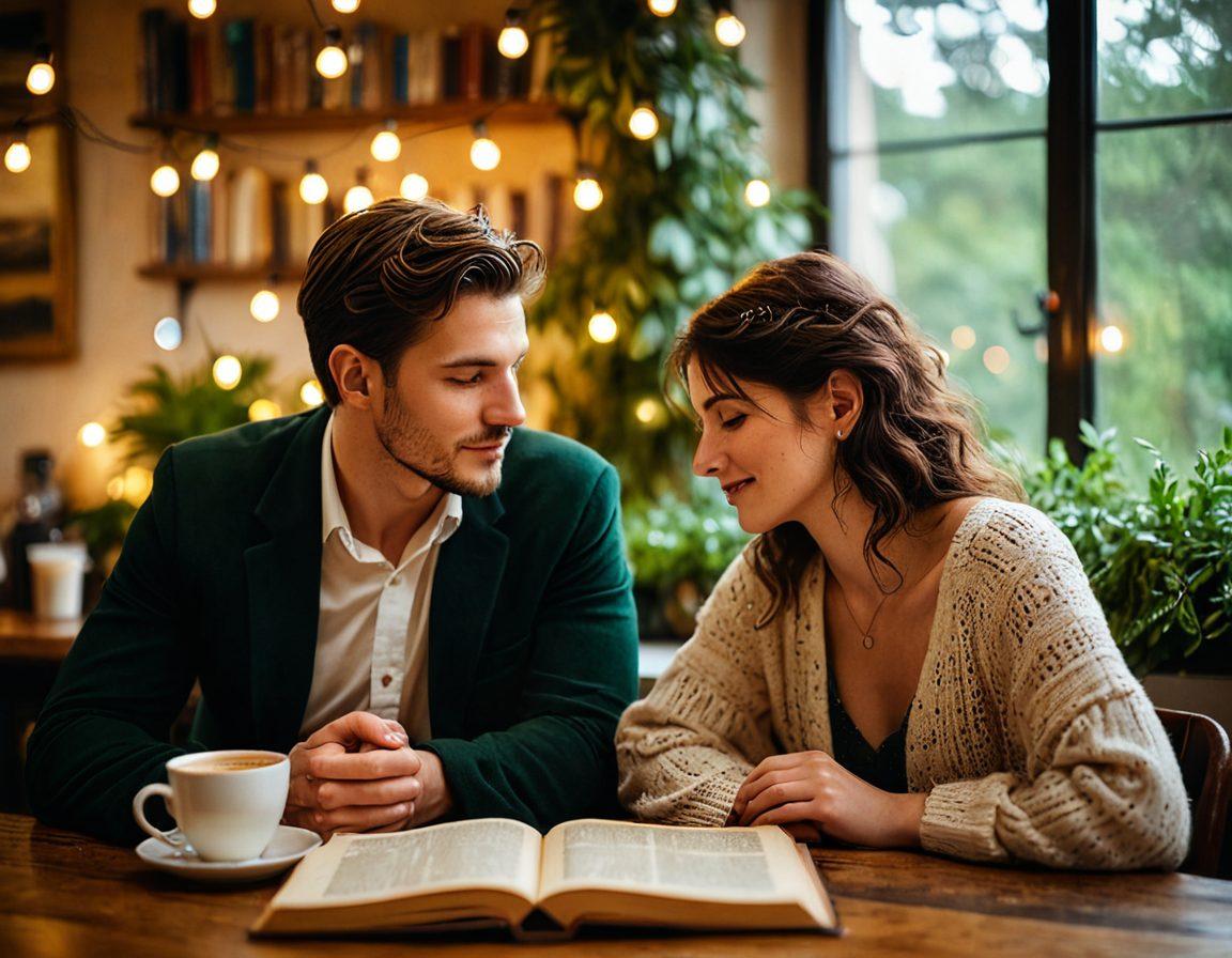 A couple enjoying an intimate moment in a cozy cafe, surrounded by softly glowing lights and lush greenery. The scene should evoke a sense of warmth and connection, with their eyes locked, hinting at a deeper emotional bond. Include elements like a steaming cup of coffee and a vintage book on the table, symbolizing shared interests. The background should be subtly blurred to focus on the couple, capturing the essence of online dating's romance. soft focus, warm tones, painting.