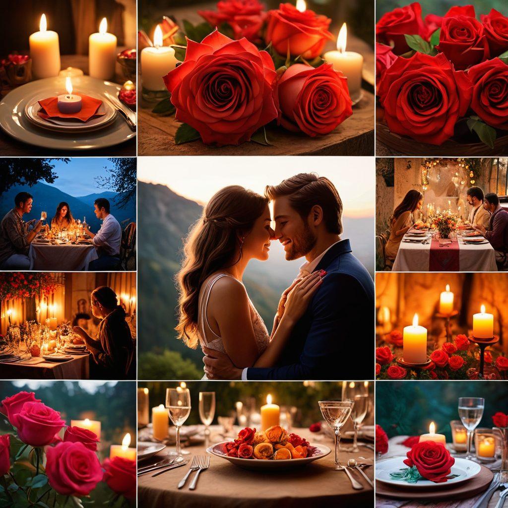 A stylish and vibrant collage featuring diverse couples engaged in romantic activities - from a candlelit dinner to playful outdoor adventures. Incorporate elements like soft lighting, roses, and playful heart motifs to evoke passion and intimacy. The background should be a dreamy blend of warm colors and abstract textures, suggesting a sense of adventure and exploration in relationships. super-realistic. vibrant colors. soft focus.