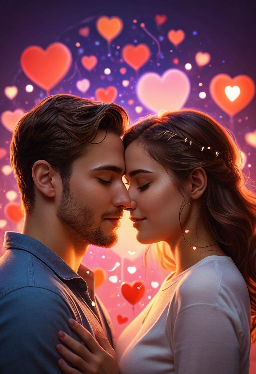 A couple intertwined in a warm embrace, surrounded by glowing digital elements representing online connections, like heart emojis and chat bubbles. Soft, romantic lighting emphasizes their intimate expressions, while elements of technology, like smartphones and social media icons, subtly blend into the background. The scene conveys a journey from fleeting lust to deep love. super-realistic. vibrant colors. soft glow.